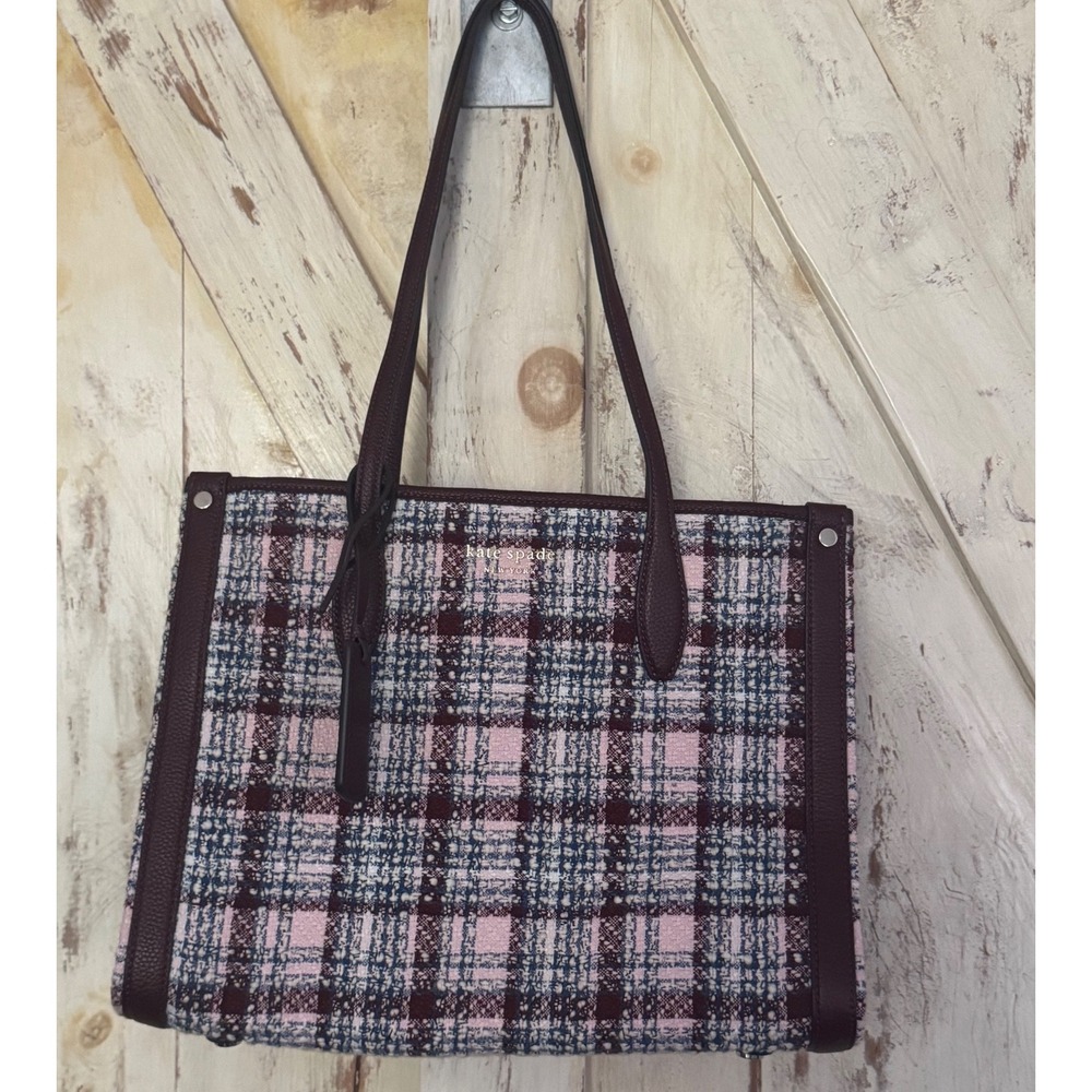 Kate Spade Plaid Burgundy Blue White Tweed Tote Shoulder Bag NWOT